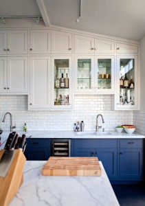 two toned kitchen, subway tile